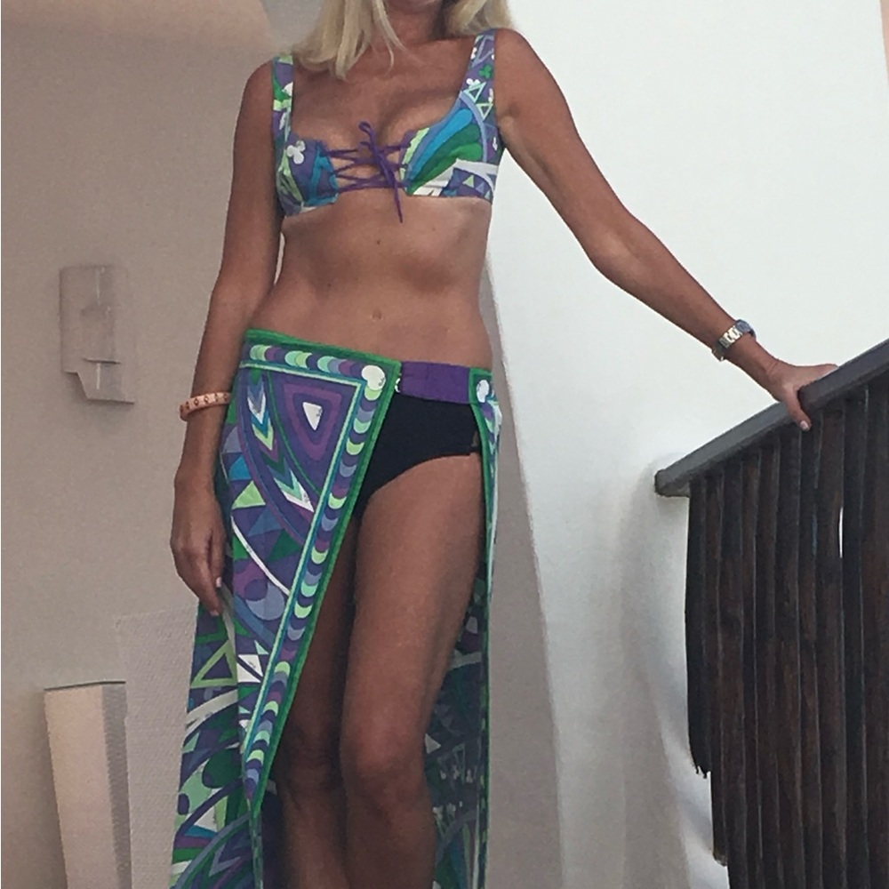 Emilio Pucci Purple and Green Bikini Set. Coverup. Sarong skirt and bikini top.